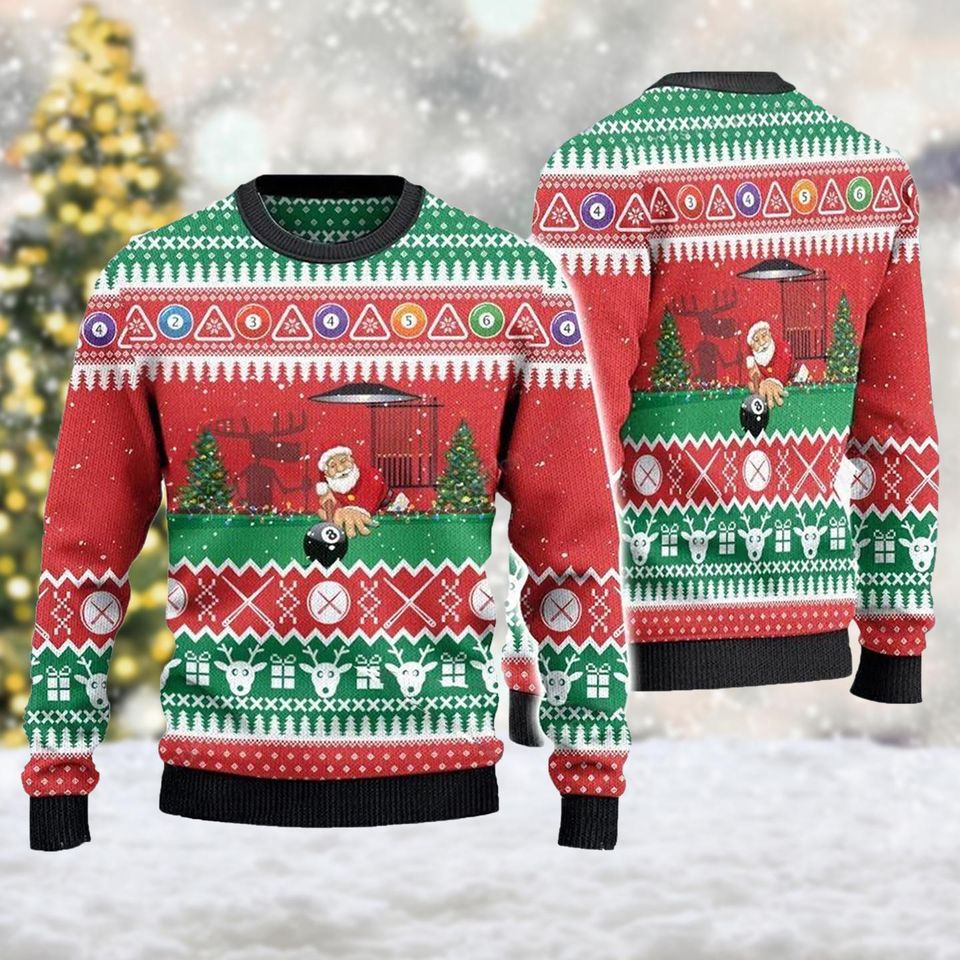 Santa Playing Billiard Ugly Christmas Sweater, Billiards Xmas Sweatshirt