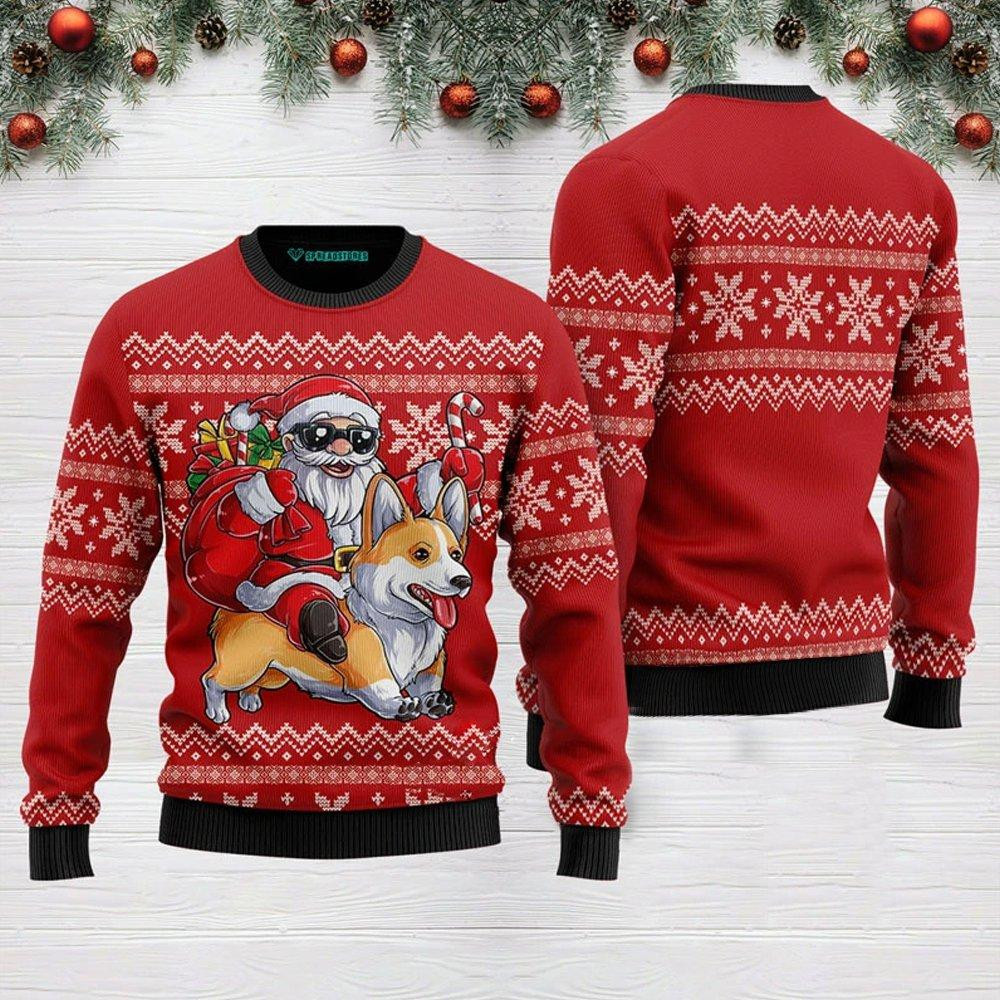 Santa Riding Corgi Ugly Christmas Sweater Adult 3D Funny Matching for family