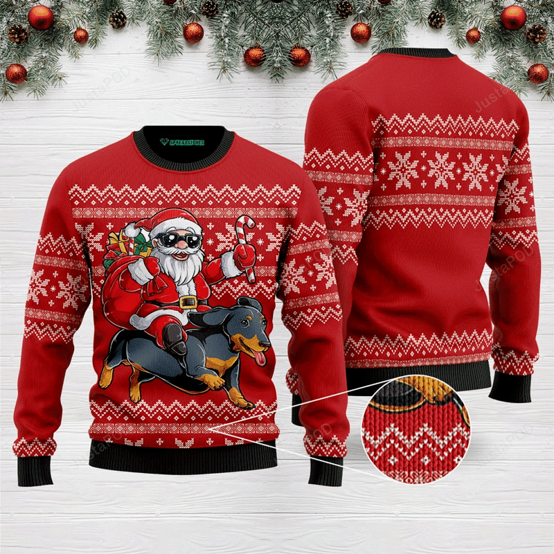 Santa Riding Dachshund Ugly Christmas Sweater Adult 3D Funny Matching for family