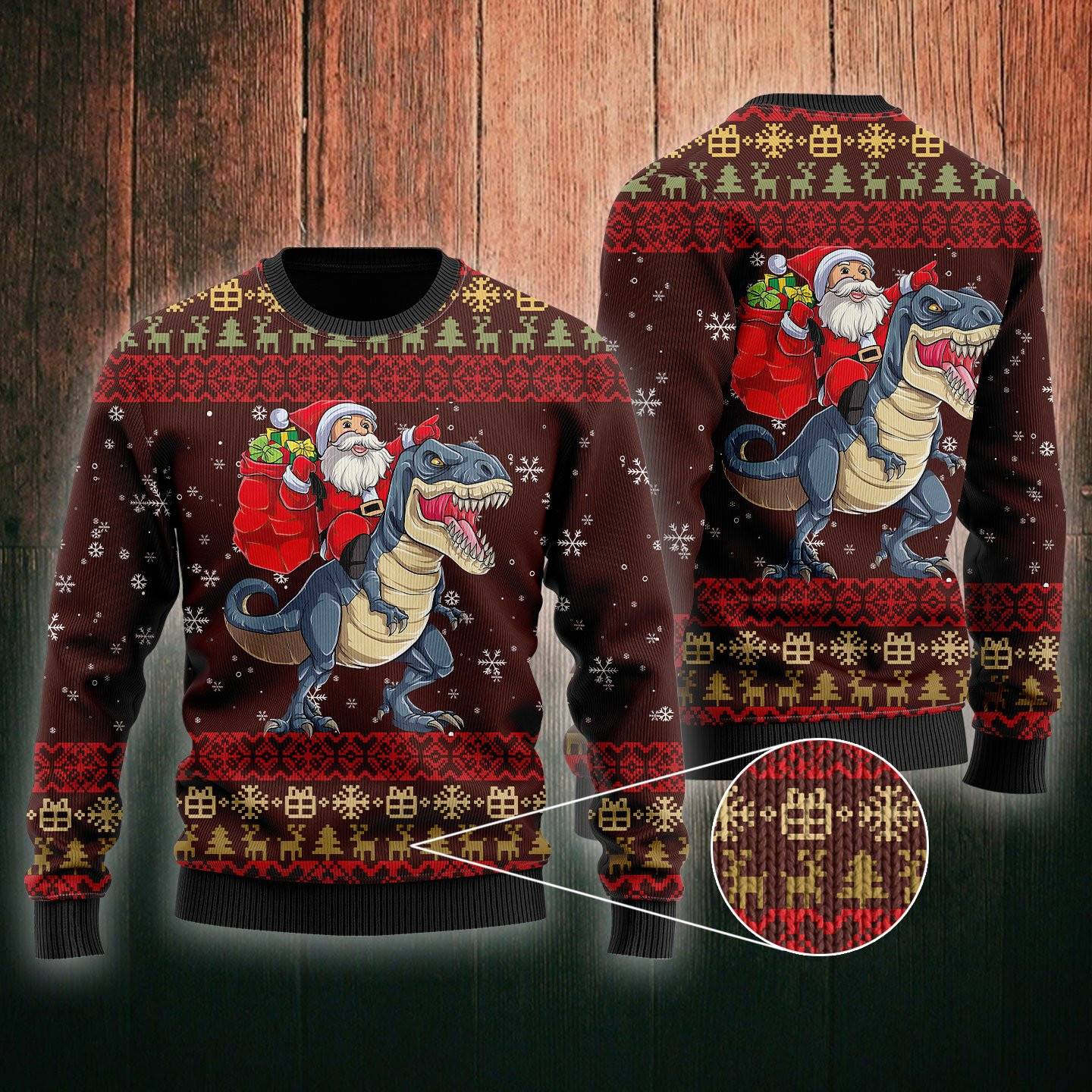Santa Riding Dinosaur T Rex Ugly Christmas Sweater Adult 3D Funny Matching for family