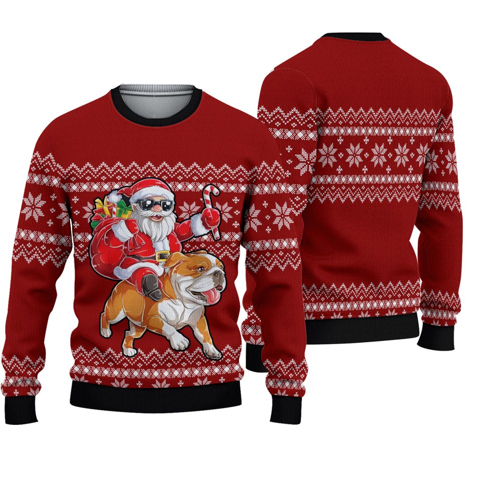 Santa Riding English Bulldog Ugly Christmas Sweater