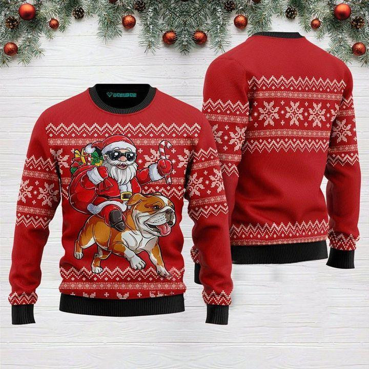Santa Riding English Bulldog Ugly Christmas Sweater Adult 3D Funny Matching for family