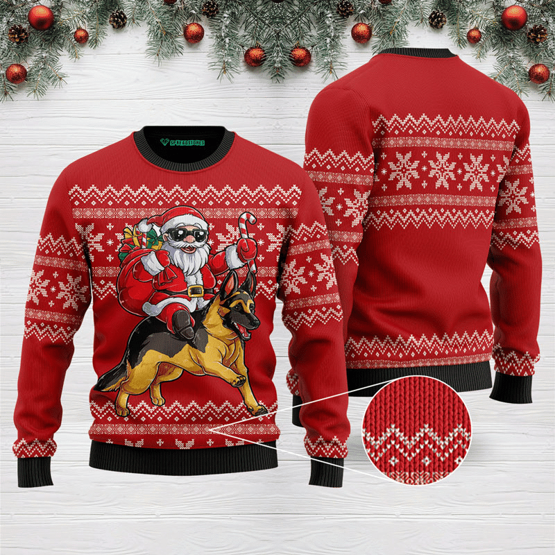 Santa Riding German Shepherd Ugly Christmas Sweater Adult 3D Funny Matching for family