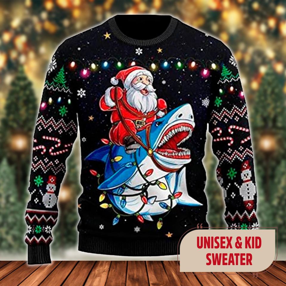 Santa Riding Shark Christmas Light Ugly Christmas Sweater, Funny Santa Xmas Sweatshirt