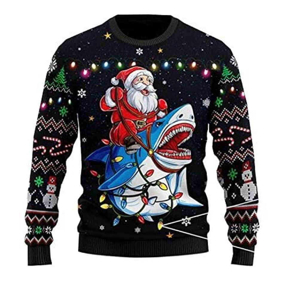 Santa Riding Shark Christmas Ugly Sweater, Funny Santa Sweater