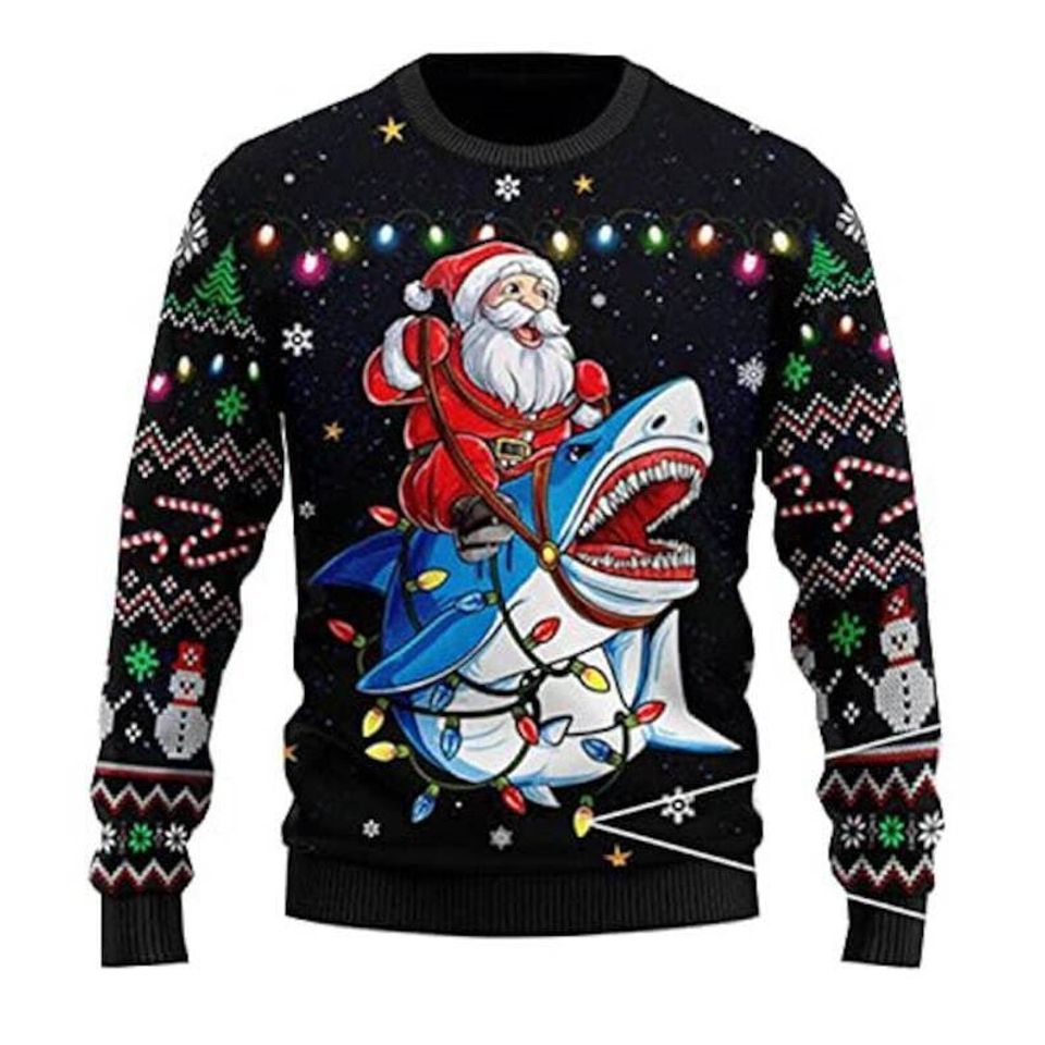 Santa Riding Shark Christmas Ugly Sweater, Funny Santa Sweater, Ugly Sweater