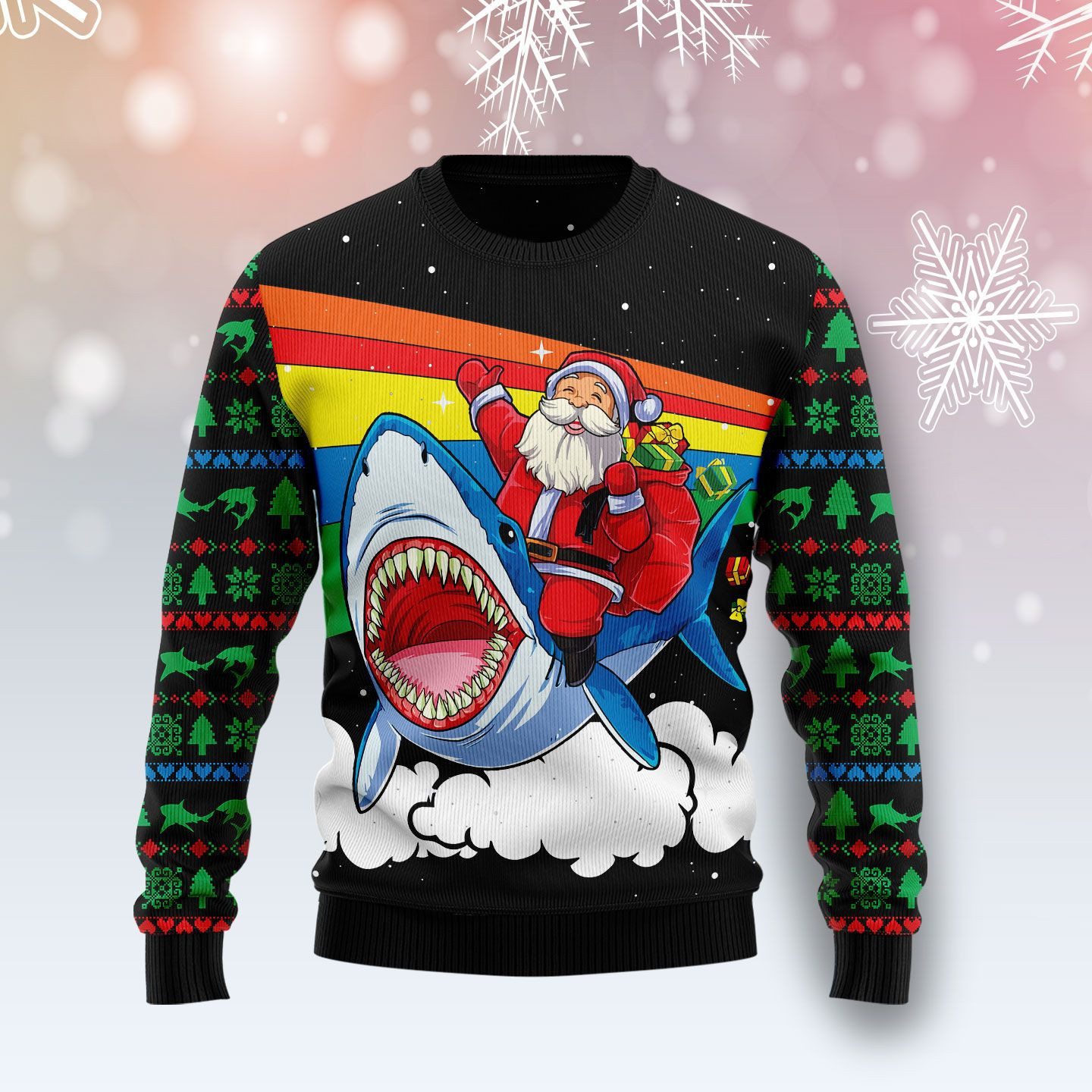 Santa Riding Shark Ugly Christmas Sweater Adult 3D Funny Matching for family