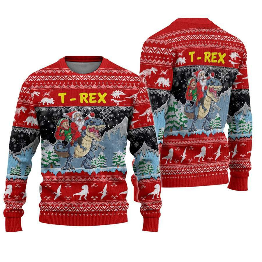 Santa Riding T-Rex Ugly Christmas Sweater Adult 3D Funny Matching for family