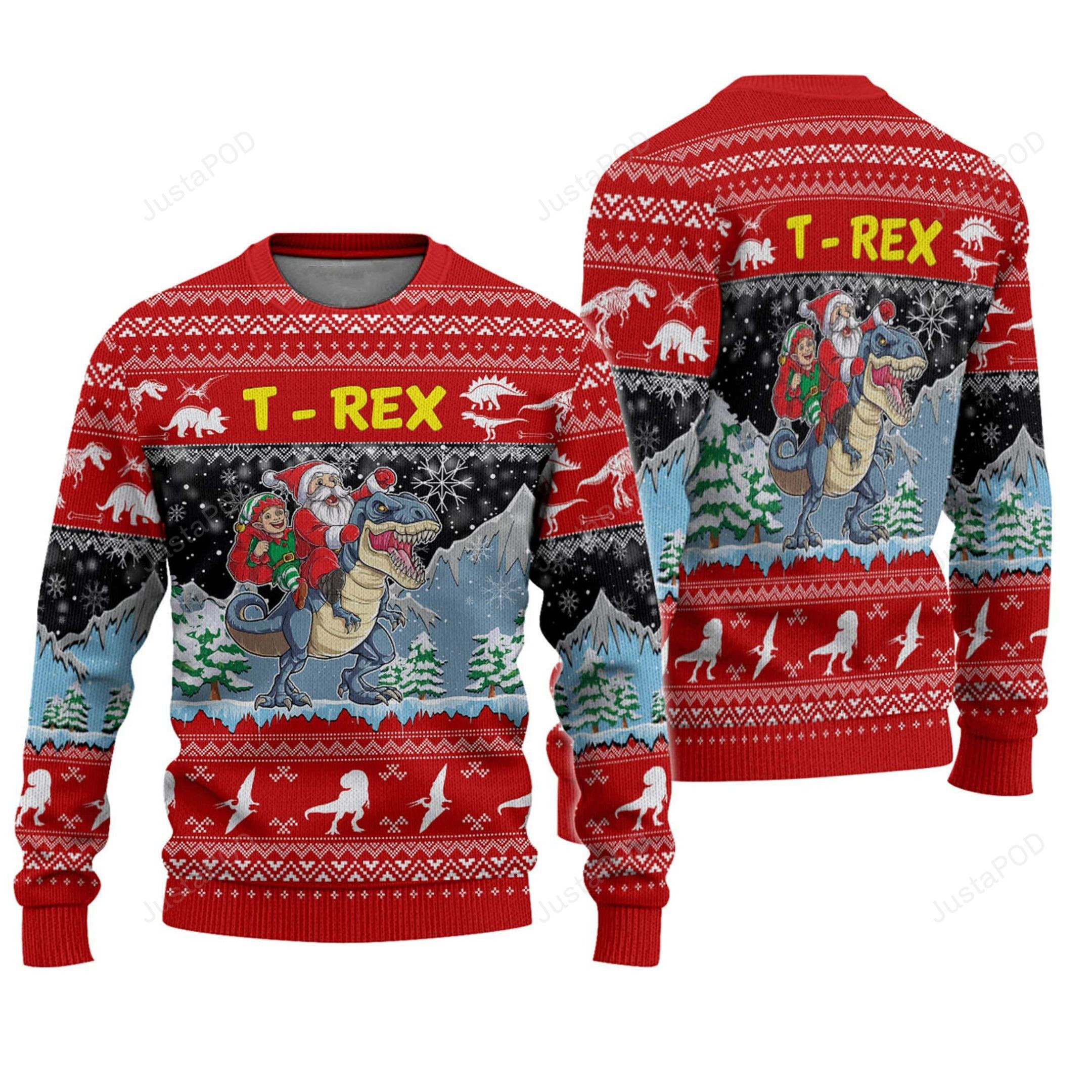 Santa Riding T-Rex Ugly Christmas Sweater Adult 3D Funny Matching for family