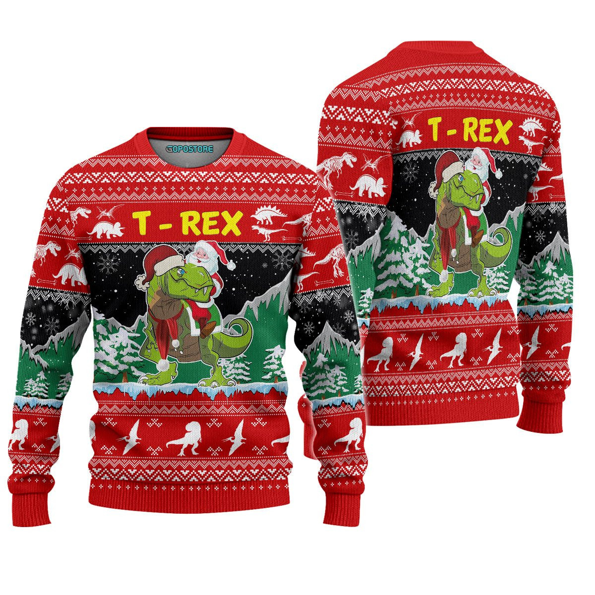 Santa Riding T-rex Ugly Christmas Sweater Adult 3D Funny Matching for family