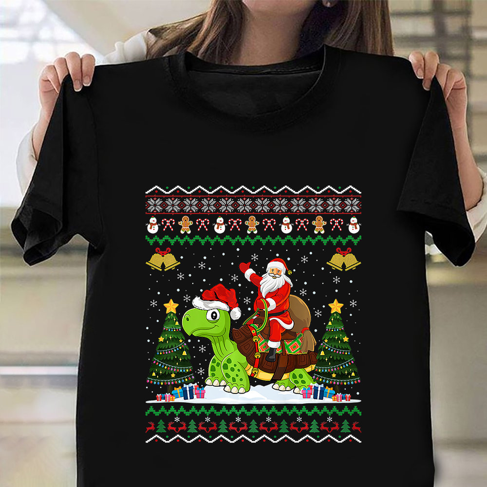 Santa Riding Turtle Christmas Shirt Turtle Lovers Ugly Christmas Sweater T-Shirt Xmas Gifts - Image 2