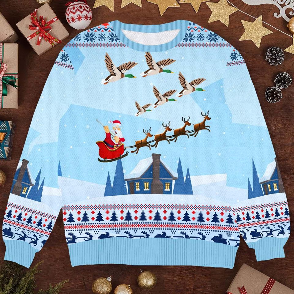 Santa Sleigh Ride Ugly Christmas Sweater - Festive Snowy Scene with Flying