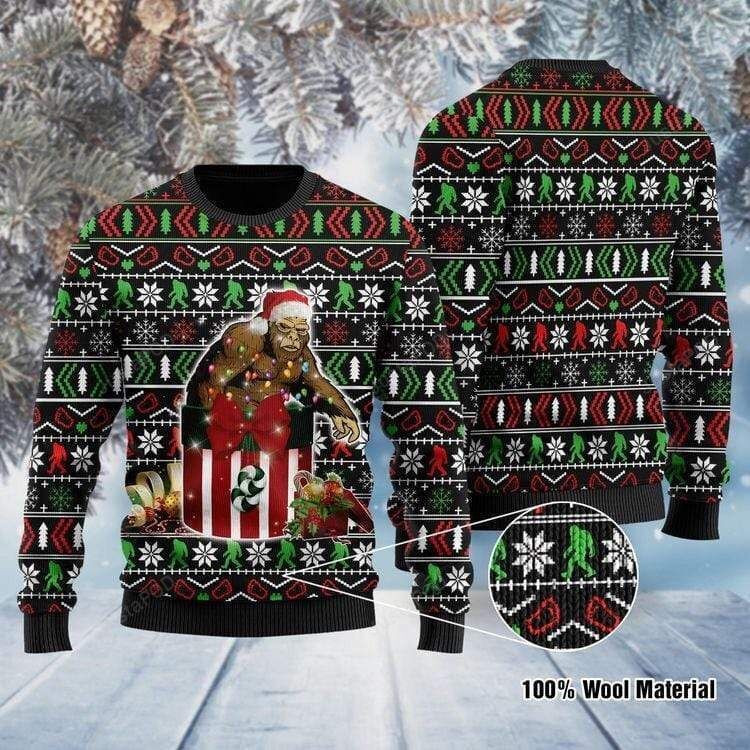 Santa Squatch Bigfoot With Gift Box Ugly Christmas Sweater Adult 3D Funny Matching for family