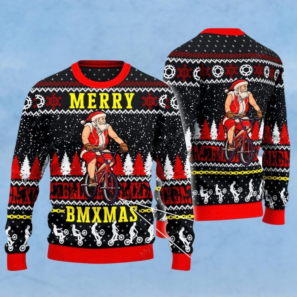 Santa Ugly Christmas Sweater, Santa Riding Bike Sweater, Holiday Christmas