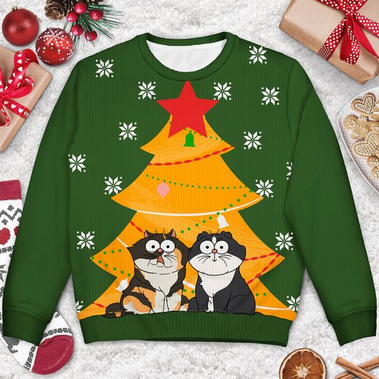 Santa's Favorite Cat Mom Dad Custom Pet Lover Gift Christmas Unisex Ugly Sweatshirt - Image 6