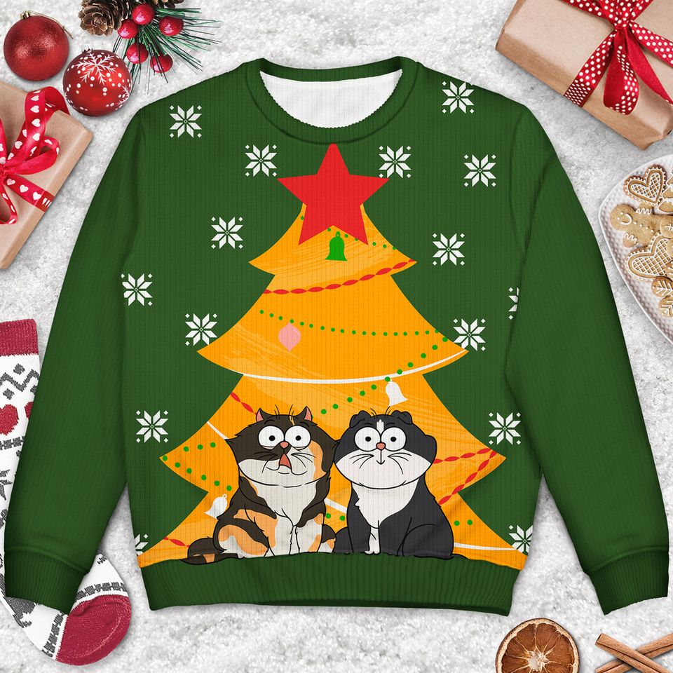 Santa's Favorite Cat Mom Dad Custom Pet Lover Gift Christmas Unisex Ugly Sweatshirt - Image 3