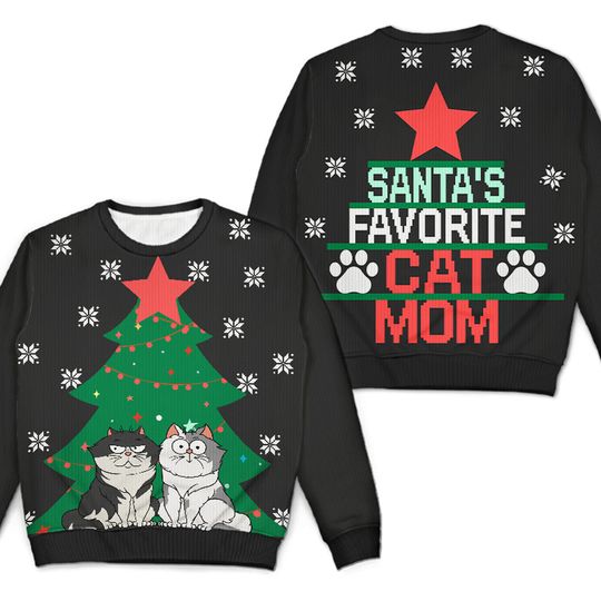 Santa's Favorite Cat Mom Dad Custom Pet Lover Gift Christmas Unisex Ugly Sweatshirt - Image 4