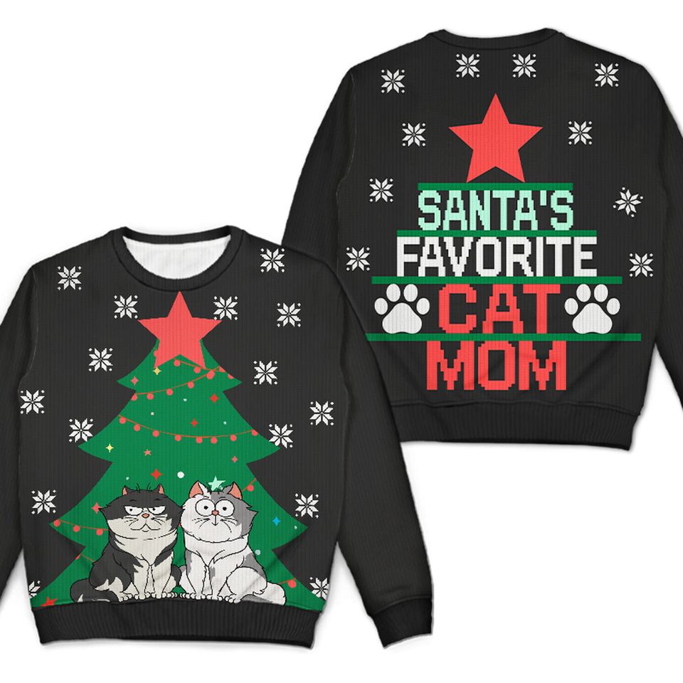 Santa's Favorite Cat Mom Dad Custom Pet Lover Gift Christmas Unisex Ugly Sweatshirt