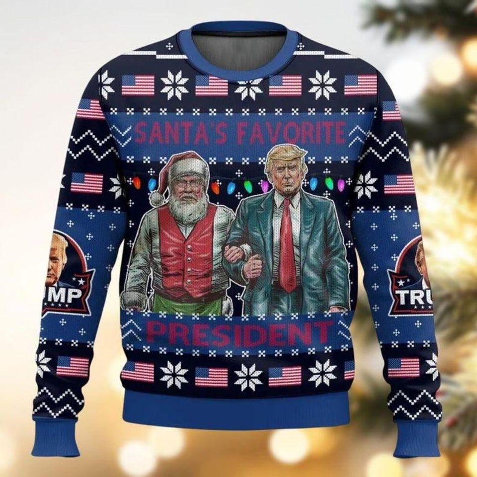 Santa's Favorite President Trump Christmas Ugly Sweater, Trump Vance