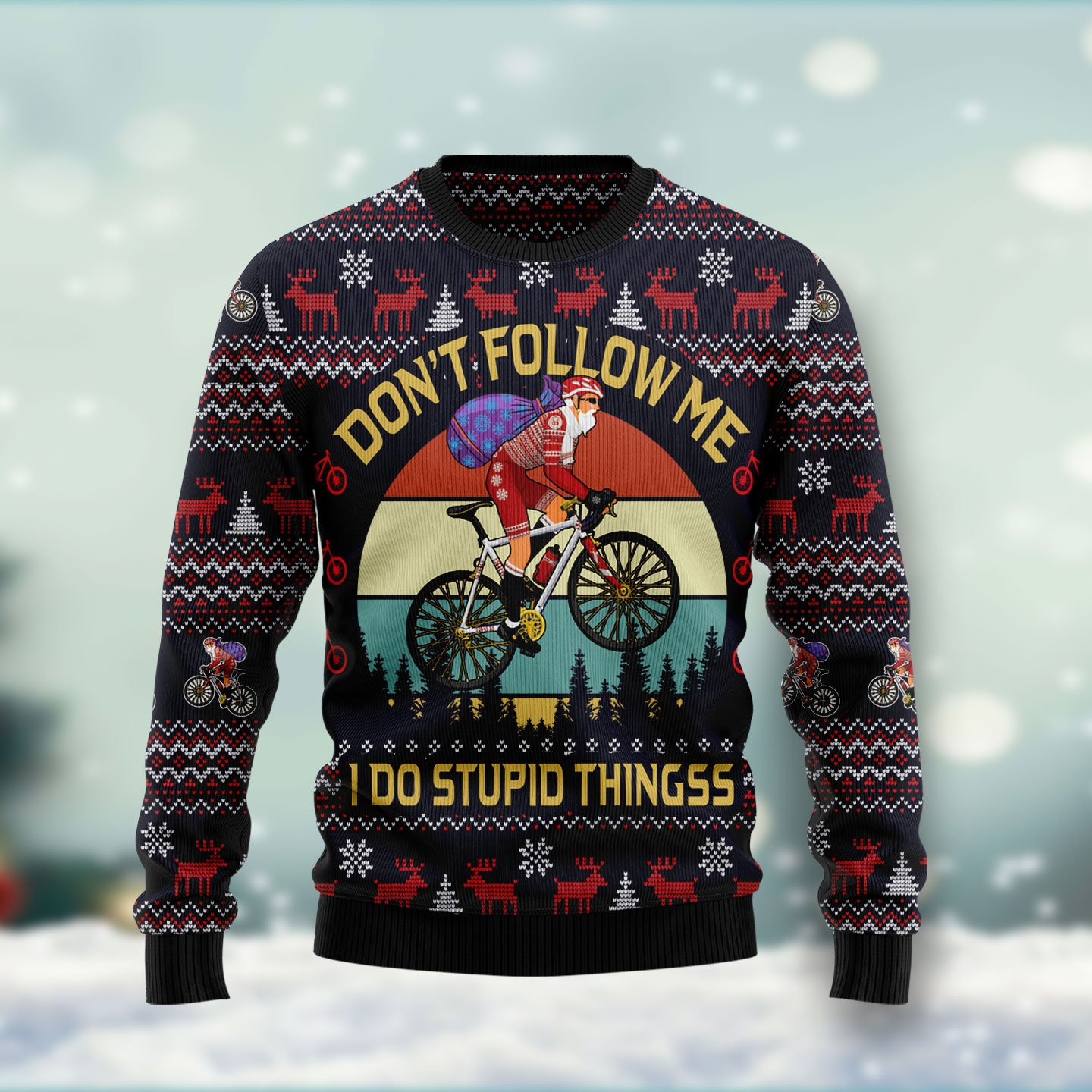 Satan Claus On Mountain Bike Ugly Christmas Sweater Adult 3D Funny Matching for family
