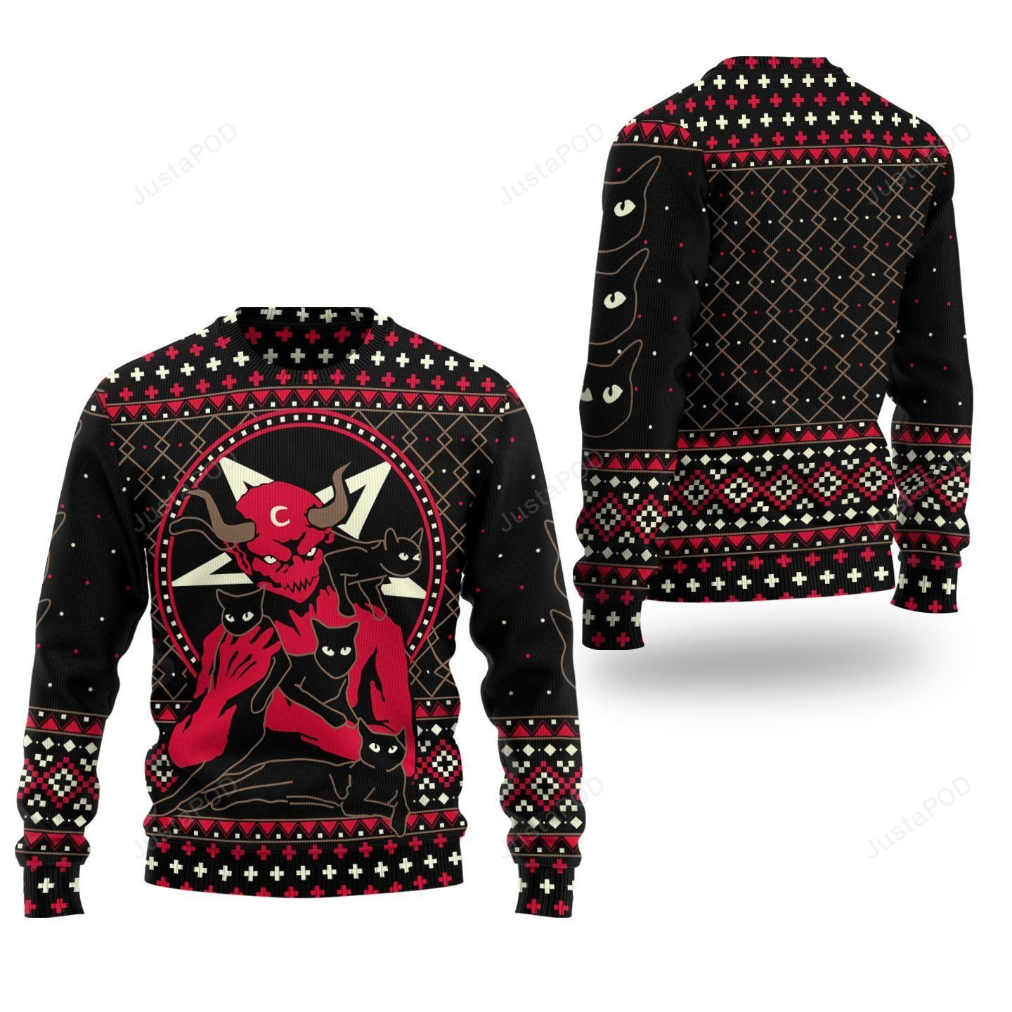Satanic Satan Black Cat Ugly Christmas Sweater Adult 3D Funny Matching for family