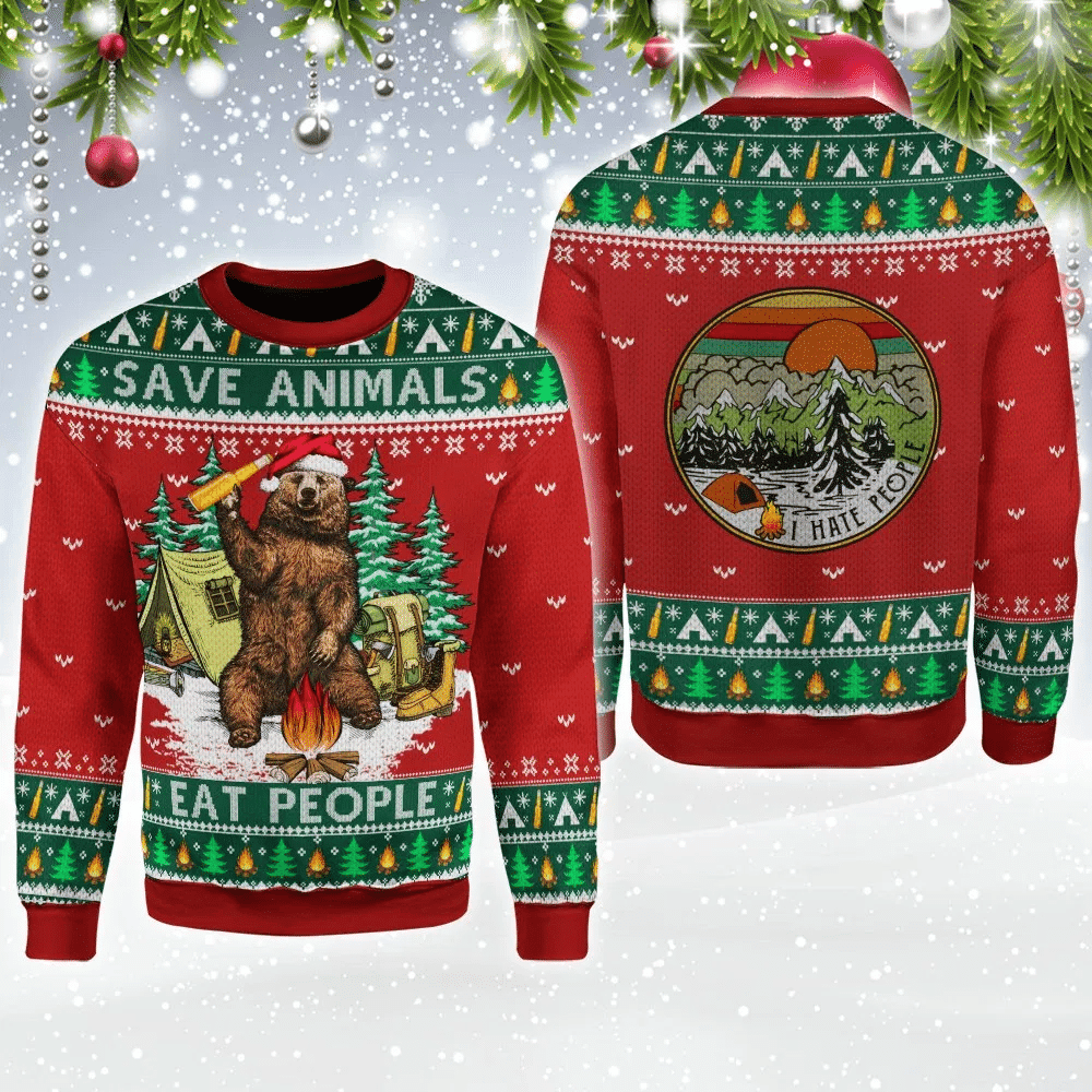 Save Animals Eat People Bear Beer Ugly Christmas Sweater Adult 3D Funny Matching for family