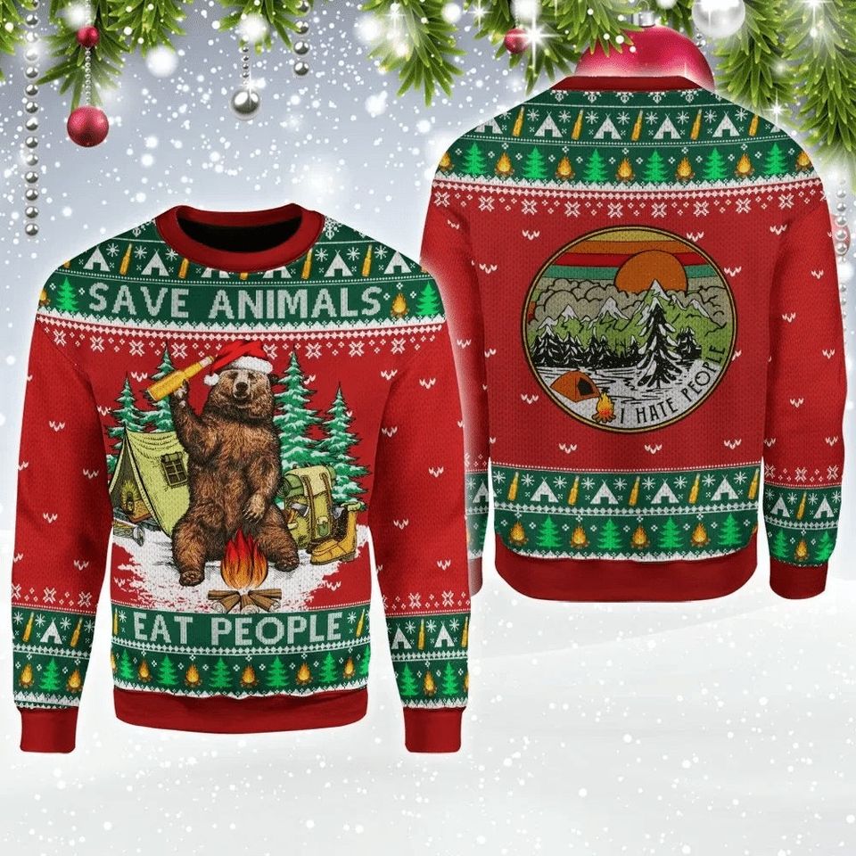 Save Animals, Eat People Bear Ugly Christmas Sweater