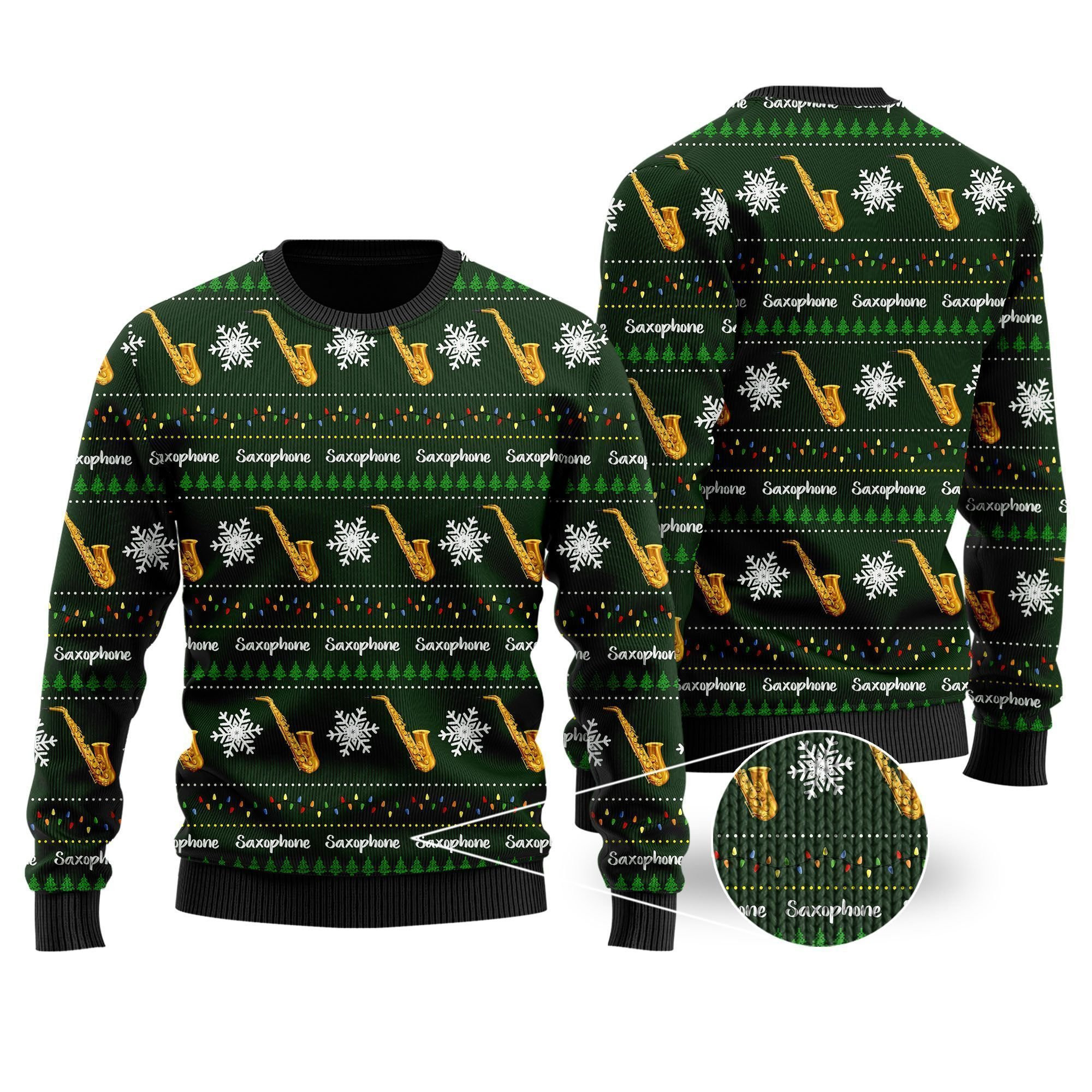 Saxophone Snowflakes Image Noel Pattern Ugly Christmas Sweater Adult 3D Funny Matching for family
