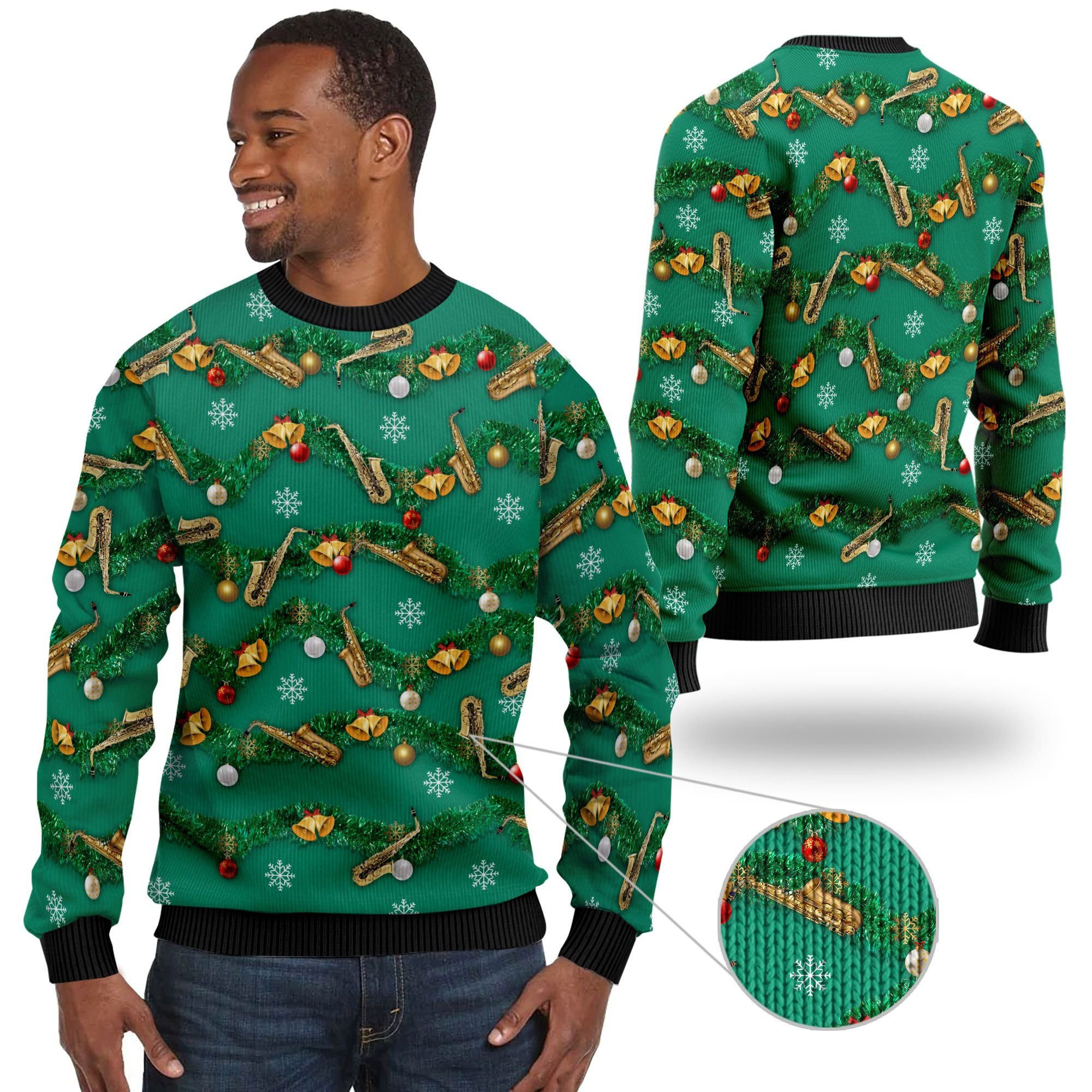 Saxophones Tinsel Christmas Decoration For Sax Players And Instrument Lovers Ugly Christmas Sweater Adult 3D Funny Matching for family
