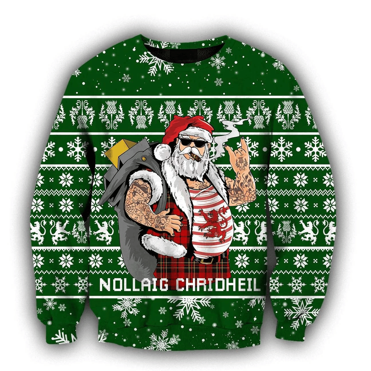 Scottish Gangster Santa Green Ugly Christmas Sweater Adult 3D Funny Matching for family