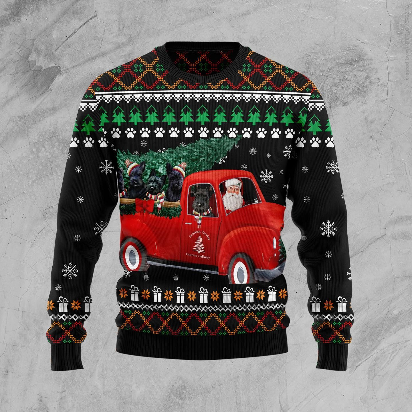 Scottish Terrier And Red Truck Ugly Christmas Sweater Adult 3D Funny Matching for family