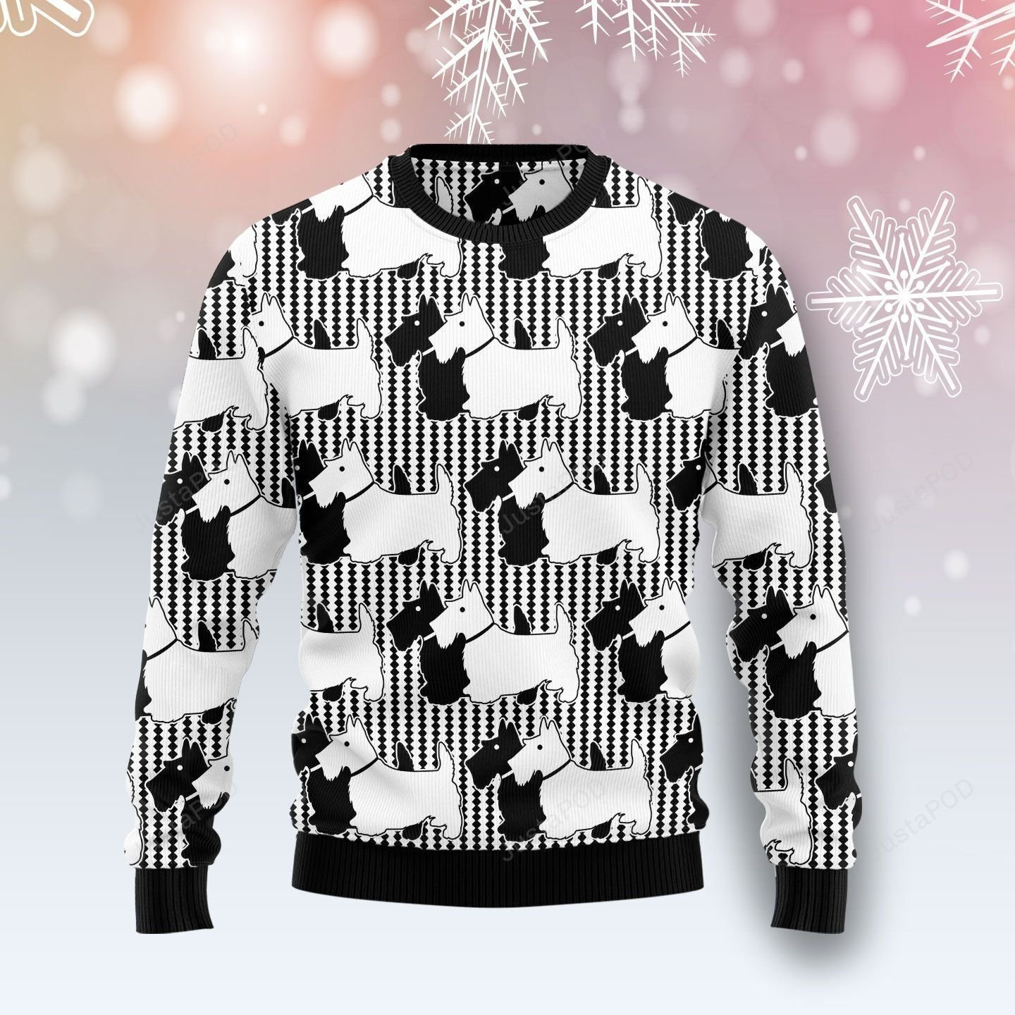 Scottish Terrier Black And White Ugly Christmas Sweater Adult 3D Funny Matching for family