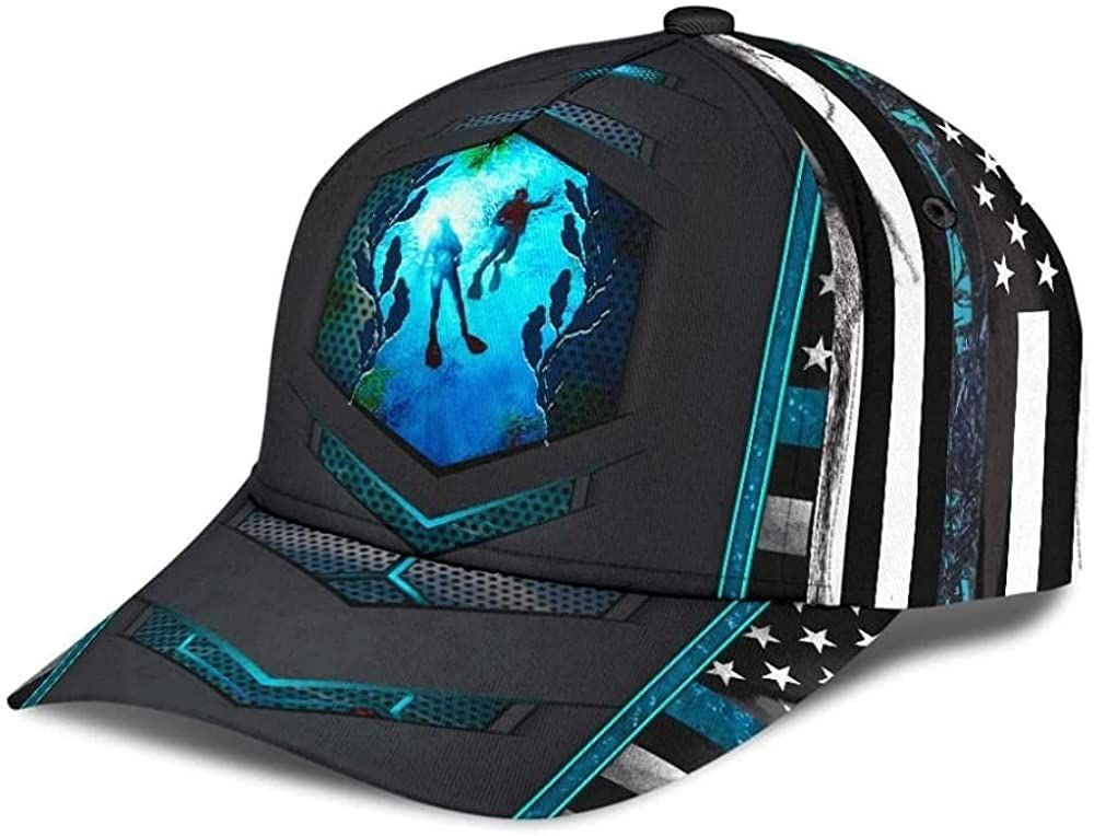 Scuba Diving Us Flag Line Blue American Flag 3D Printed Unisex Hat Classic Cap, Snapback Cap Trucker Hats Custom Hats Gifts For Men & Women