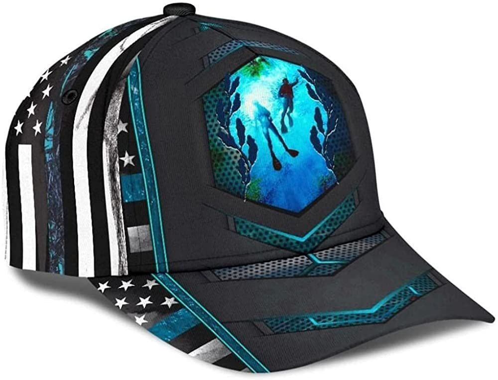 Scuba Diving Us Flag Line Blue American Flag 3D Printed Unisex Hat Classic Cap, Snapback Cap Trucker Hats Custom Hats Gifts For Men & Women