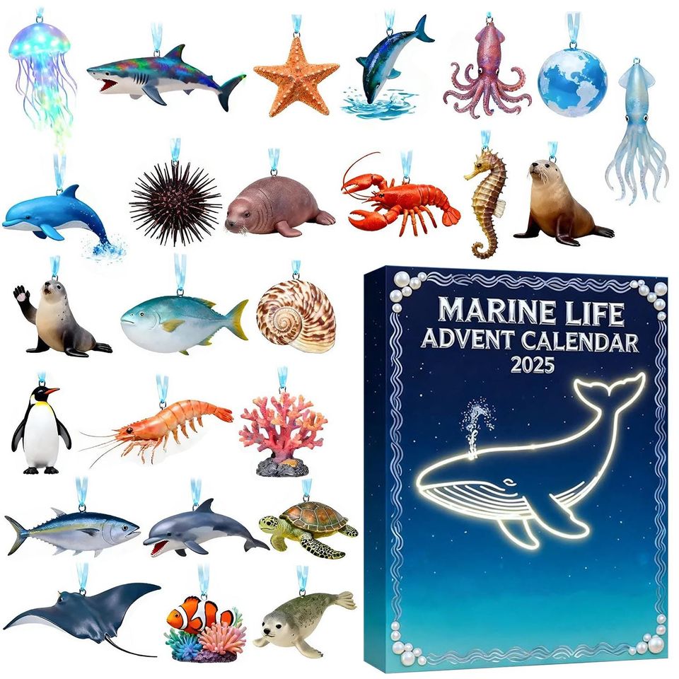 Sea Animal Marine Life Advent Calendar 2025, 24 Day Sea Animal Figurines: Vintage Christmas Ornament Countdown