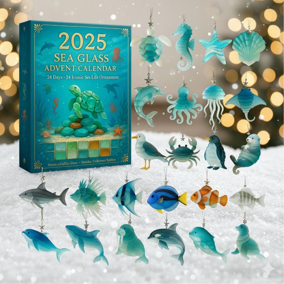 Sea Glass Advent Calendar 2025 24 Ocean Life Ornaments Featuring Dolphins, Turtles, and Shells, Coastal Christmas Countdown Gift