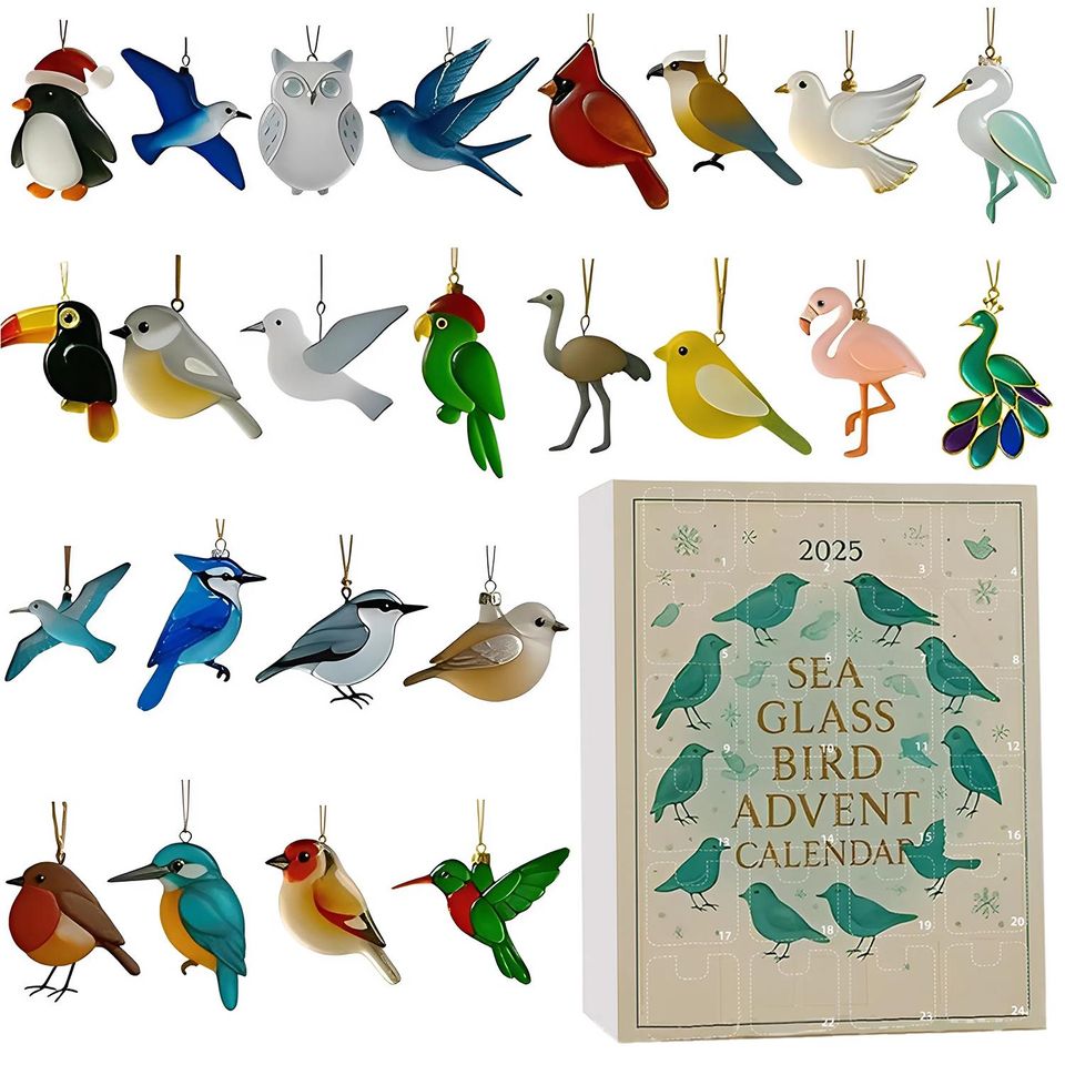 Sea Glass Bird Advent Calendar 2025, 24 Day Bird Figurines : Vintage Christmas Ornament Countdown