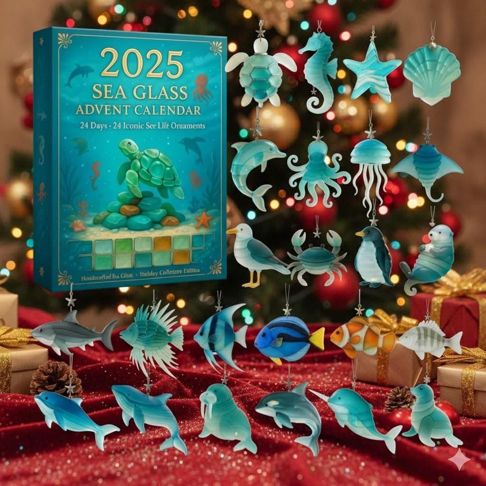 Sea Glass Ocean 2D Advent Calendar, 24 Day Sea Animals Figurines, Sea Glass Advent Calendar, Coastal Gift for Beach Lovers and Ocean Fans