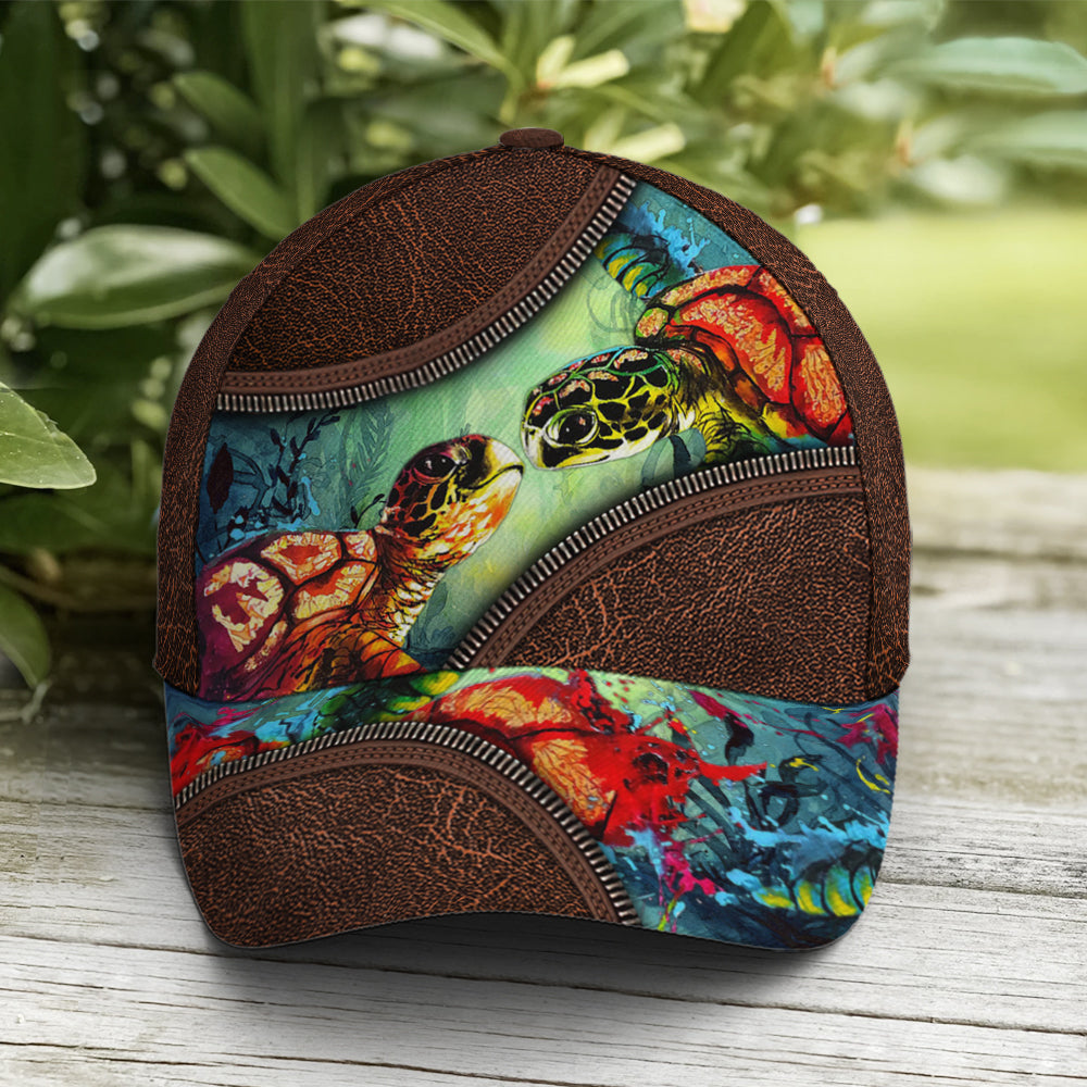 Sea Turtle Ocean Theme Leather Style Baseball Cap Trucker Hats Custom Hats Gifts For Men & Women