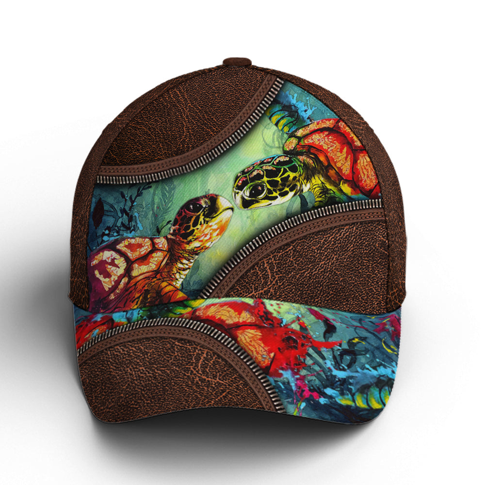 Sea Turtle Ocean Theme Leather Style Baseball Cap Trucker Hats Custom Hats Gifts For Men & Women