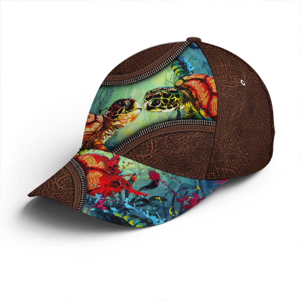 Sea Turtle Ocean Theme Leather Style Baseball Cap Trucker Hats Custom Hats Gifts For Men & Women