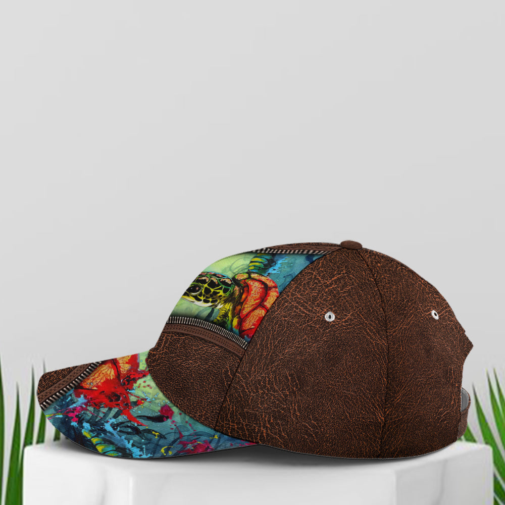 Sea Turtle Ocean Theme Leather Style Baseball Cap Trucker Hats Custom Hats Gifts For Men & Women
