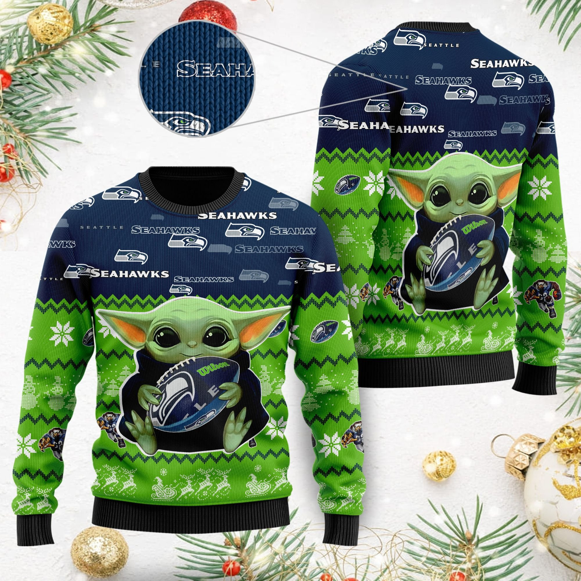 Seattle Seahawks Baby Yoda Shirt For American Football Fans Ugly Christmas Sweater Adult 3D Funny Matching for family