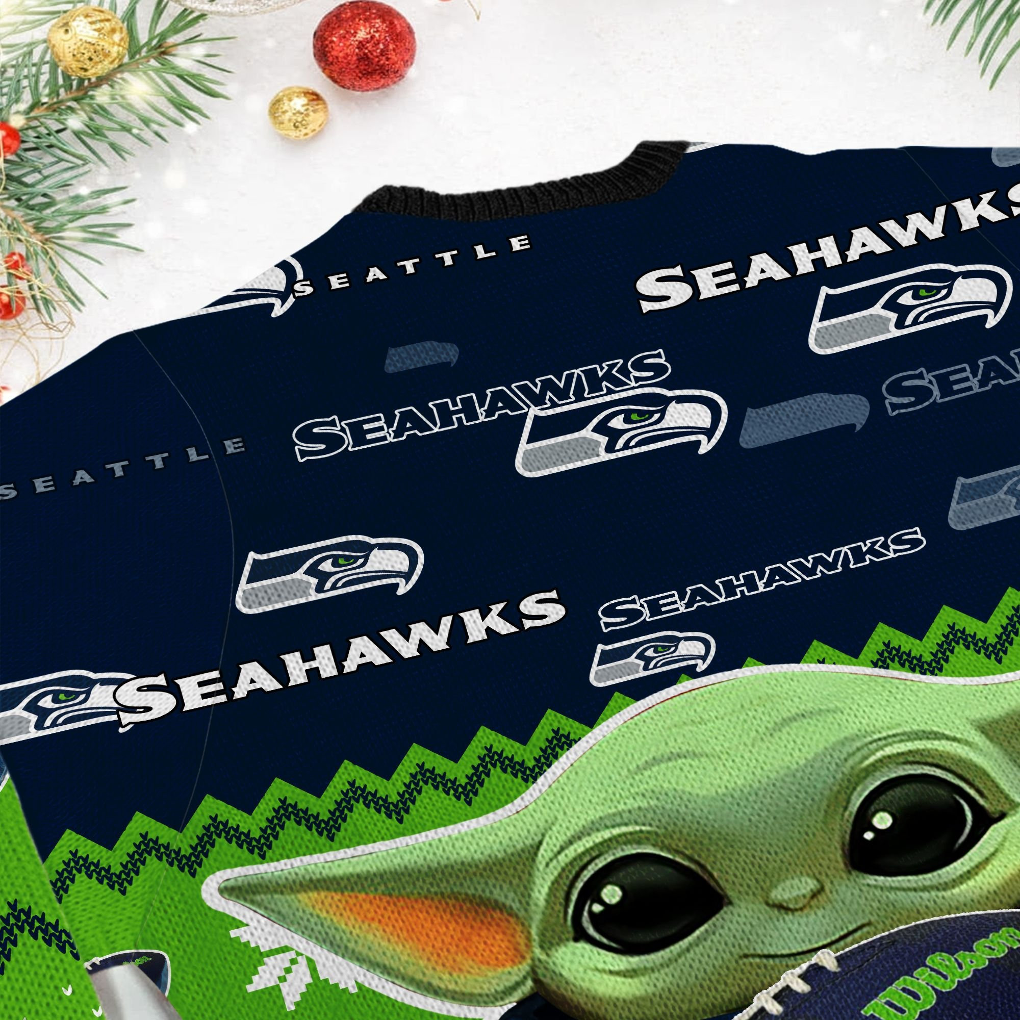 Seattle Seahawks Baby Yoda Shirt For American Football Fans Ugly Christmas Sweater Adult 3D Funny Matching for family - Image 6