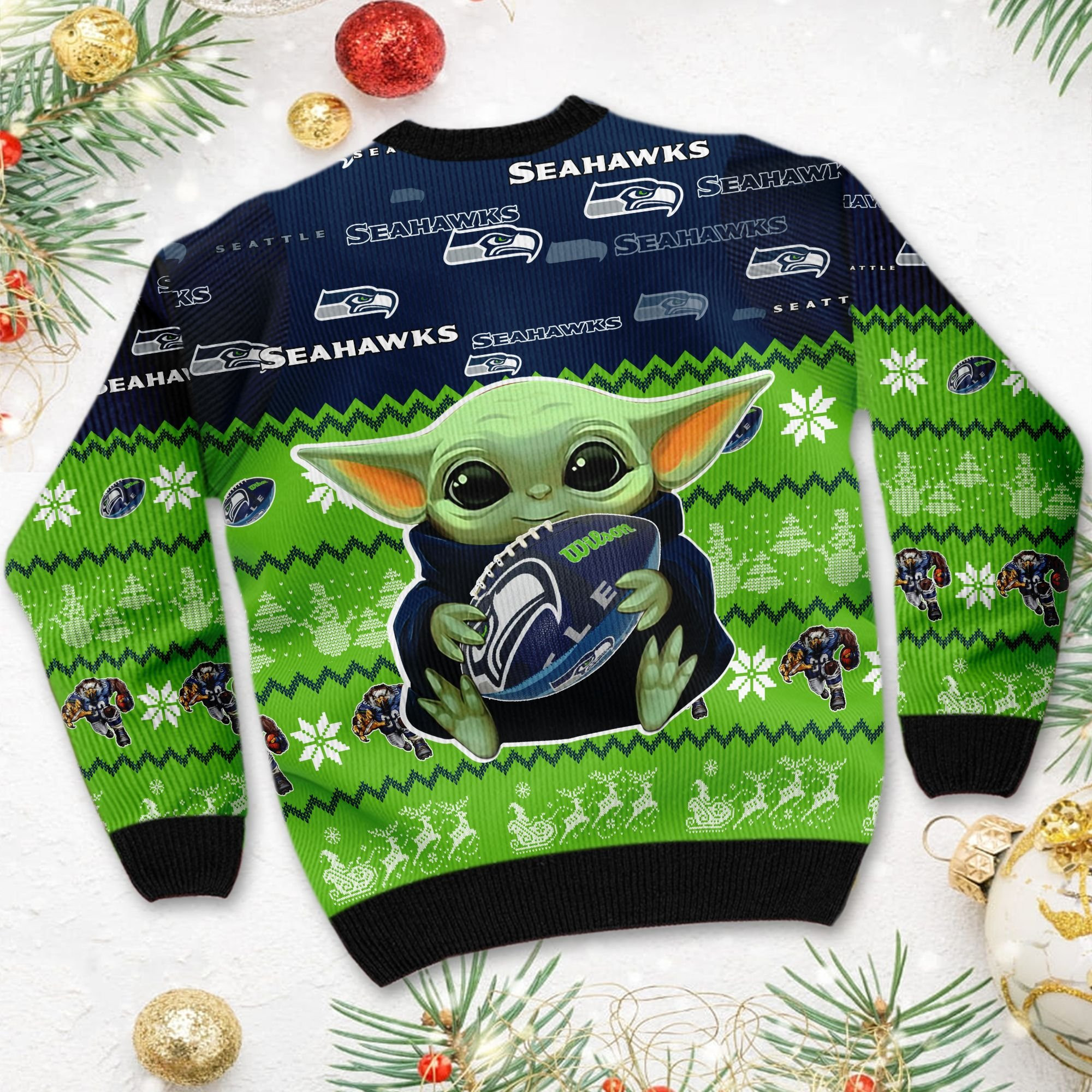 Seattle Seahawks Baby Yoda Shirt For American Football Fans Ugly Christmas Sweater Adult 3D Funny Matching for family - Image 4