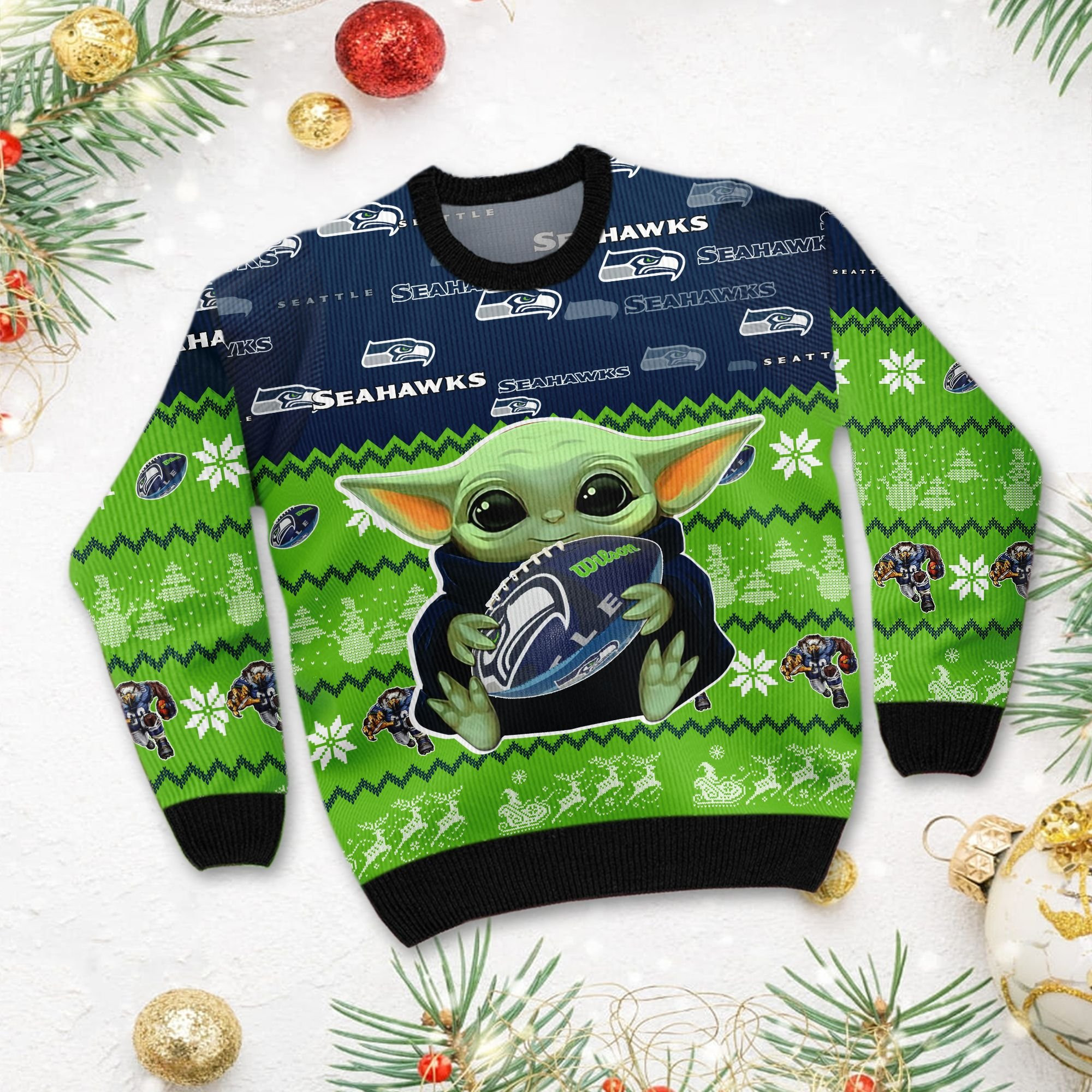 Seattle Seahawks Baby Yoda Shirt For American Football Fans Ugly Christmas Sweater Adult 3D Funny Matching for family - Image 3