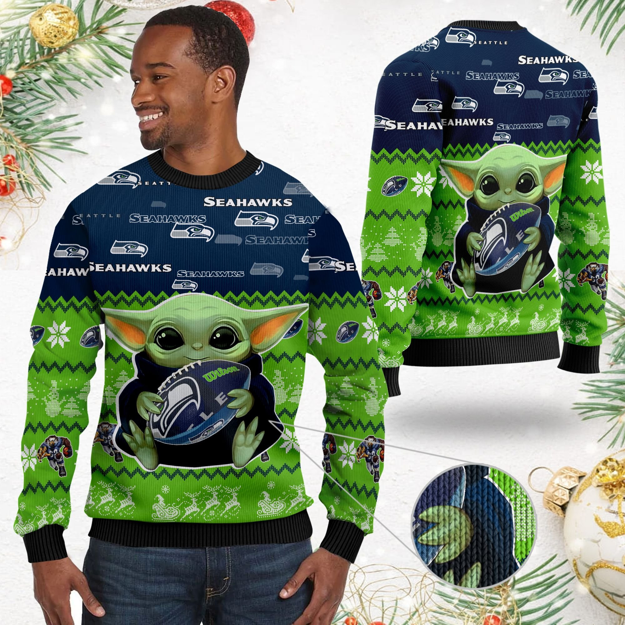 Seattle Seahawks Baby Yoda Shirt For American Football Fans Ugly Christmas Sweater Adult 3D Funny Matching for family - Image 2