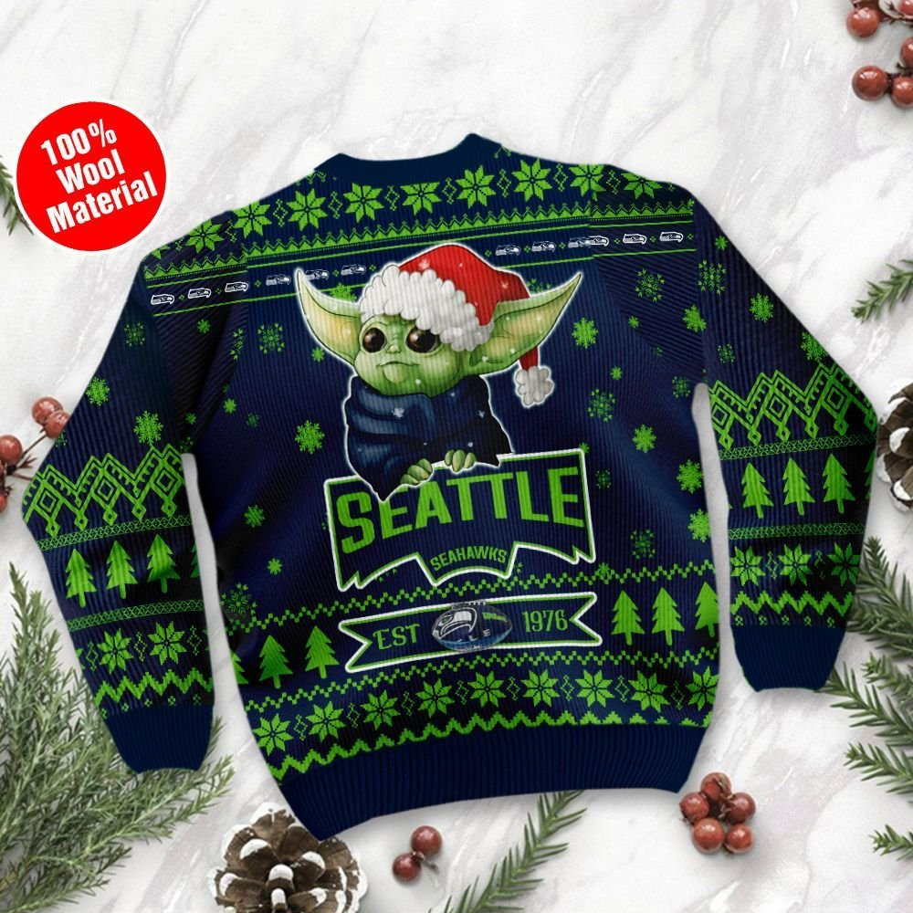 Seattle Seahawks Cute Baby Yoda Grogu Holiday Party Ugly Christmas Sweater Adult 3D Funny Matching for family - Image 3