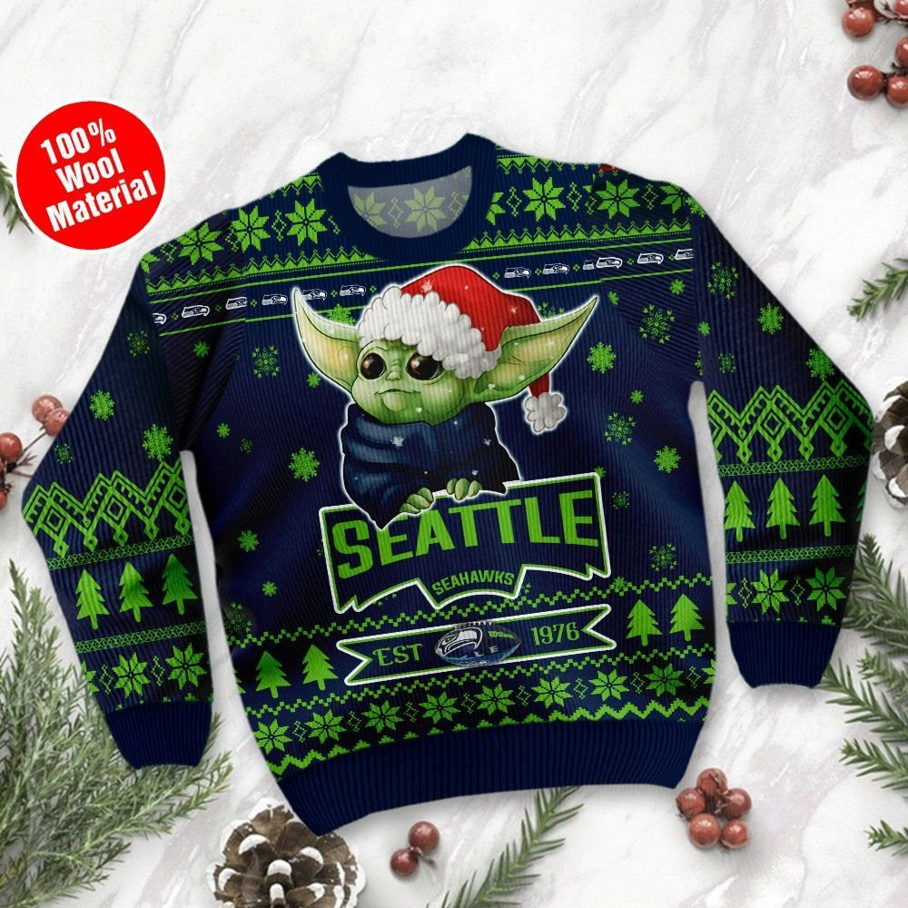 Seattle Seahawks Cute Baby Yoda Grogu Holiday Party Ugly Christmas Sweater Adult 3D Funny Matching for family - Image 2