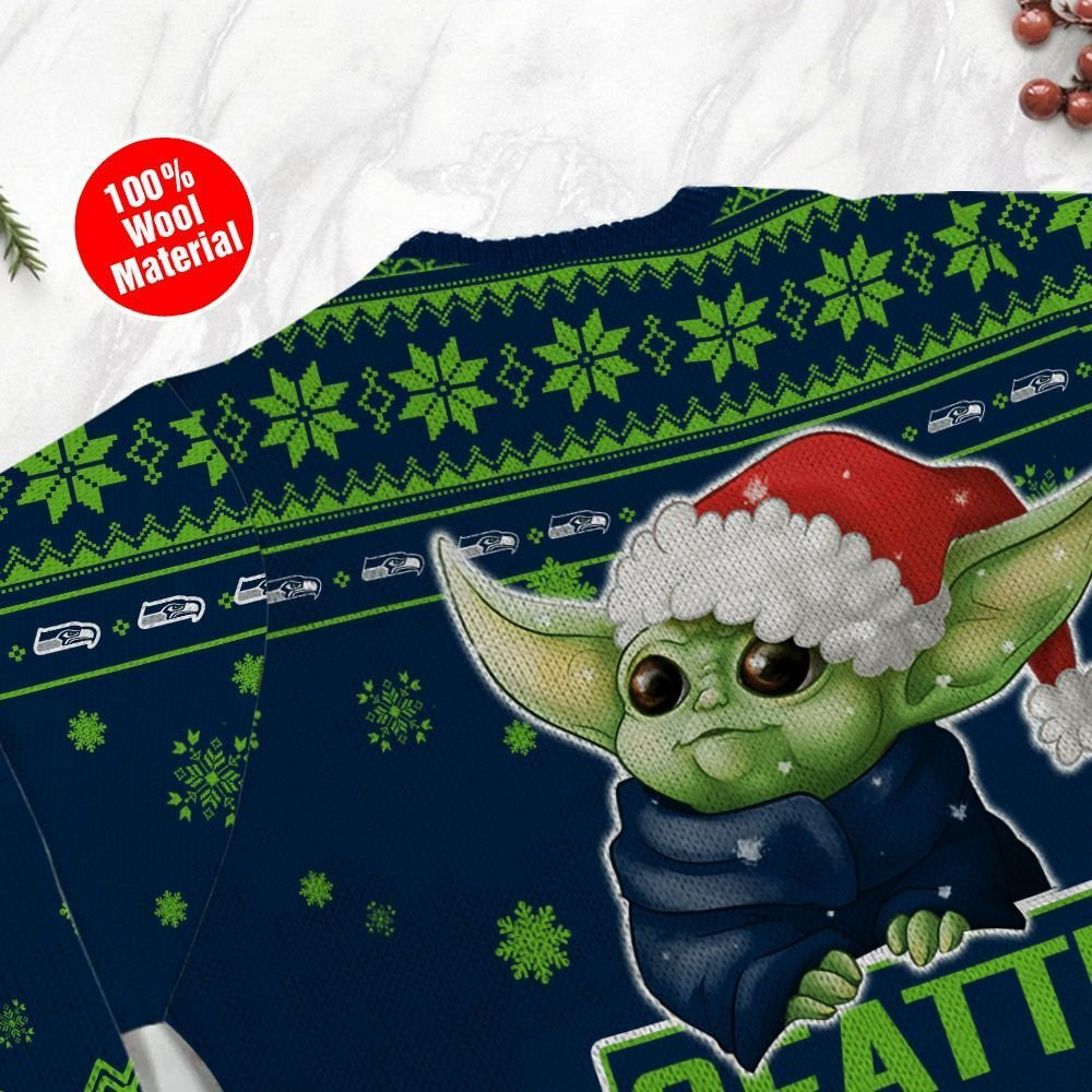 Seattle Seahawks Cute Baby Yoda Grogu Holiday Party Ugly Christmas Sweater Adult 3D Funny Matching for family - Image 5